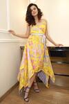 Buy_Swati Vijaivargie_Yellow Linen Satin Printed Floral Asymmetric Dress _at_Aza_Fashions