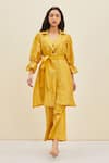 Buy_Meadow_Yellow Silk Embroidered Floral Notched Collar Daffodil Coat Dress _at_Aza_Fashions