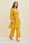 Meadow_Yellow Silk Embroidered Floral Notched Collar Daffodil Coat Dress _Online_at_Aza_Fashions