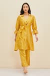 Buy_Meadow_Yellow Silk Embroidered Floral Notched Collar Daffodil Coat Dress _Online_at_Aza_Fashions