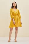 Buy_Meadow_Yellow Silk, Cotton Organza Floral V Neck Daffodil Embroidered Dress_at_Aza_Fashions