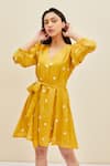 Buy_Meadow_Yellow Silk, Cotton Organza Floral V Neck Daffodil Embroidered Dress_Online_at_Aza_Fashions