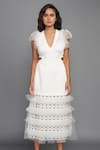 Deepika Arora_White Ponte Roma Embroidery V Neck Layered Midi Dress _Online_at_Aza_Fashions