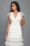 Deepika Arora_White Ponte Roma Embroidery V Neck Layered Midi Dress _at_Aza_Fashions