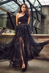 Buy_Deepika Arora_Black Ponte Roma Embroidery One Shoulder Frill Gown _at_Aza_Fashions