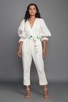 Buy Deepika Arora White Cotton, Ponte, Roma V Neck Oversized Sleeve Jumpsuit With Belt at Aza Fashions Buy_Deepika Arora_White Cotton, Ponte, Roma V Neck Oversized Sleeve Jumpsuit With Belt_at_Aza_Fashions