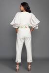 Shop Deepika Arora White Cotton, Ponte, Roma V Neck Oversized Sleeve Jumpsuit With Belt at Aza Fashions Shop_Deepika Arora_White Cotton, Ponte, Roma V Neck Oversized Sleeve Jumpsuit With Belt_at_Aza_Fashions