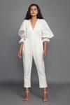 Deepika Arora White Cotton, Ponte, Roma V Neck Oversized Sleeve Jumpsuit With Belt Online at Aza Fashions Deepika Arora_White Cotton, Ponte, Roma V Neck Oversized Sleeve Jumpsuit With Belt_Online_at_Aza_Fashions