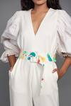 Shop Deepika Arora White Cotton, Ponte, Roma V Neck Oversized Sleeve Jumpsuit With Belt Online at Aza Fashions Shop_Deepika Arora_White Cotton, Ponte, Roma V Neck Oversized Sleeve Jumpsuit With Belt_Online_at_Aza_Fashions