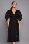 Deepika Arora_Black Ponte Roma Embroidery V Neck Pleated Midi Dress With Belt _Online_at_Aza_Fashions