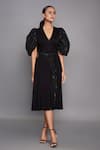 Buy_Deepika Arora_Black Ponte Roma Embroidery V Neck Pleated Midi Dress With Belt _at_Aza_Fashions