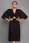 Deepika Arora_Black Ponte Roma Embellished V Neck A-line Midi Dress _Online_at_Aza_Fashions