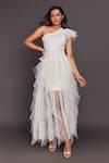 Buy_Deepika Arora_White Roma One Shoulder Ruffle Dress With Belt_Online_at_Aza_Fashions