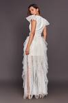 Shop Deepika Arora White Roma Cutwork, Sequins V Neck Ruffle Gown With Belt at Aza Fashions Shop_Deepika Arora_White Roma Cutwork, Sequins V Neck Ruffle Gown With Belt_at_Aza_Fashions