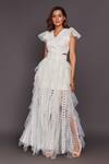 Deepika Arora White Roma Cutwork, Sequins V Neck Ruffle Gown With Belt Online at Aza Fashions Deepika Arora_White Roma Cutwork, Sequins V Neck Ruffle Gown With Belt_Online_at_Aza_Fashions