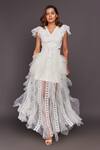 Buy Deepika Arora White Roma Cutwork, Sequins V Neck Ruffle Gown With Belt Online at Aza Fashions Buy_Deepika Arora_White Roma Cutwork, Sequins V Neck Ruffle Gown With Belt_Online_at_Aza_Fashions