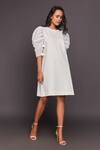 Deepika Arora_White Roma, Sequin Fabric Round Puff Sleeve Shift Dress_Online_at_Aza_Fashions