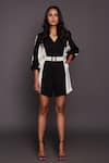 Buy_Deepika Arora_Black Ponte Roma Colour Block V Neck Playsuit _at_Aza_Fashions