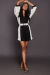 Deepika Arora_Black Ponte Roma Colour Block V Neck Playsuit _Online_at_Aza_Fashions