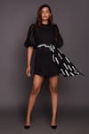 Buy_Deepika Arora_Black Cotton Printed Geometric Mandarin Collar Puff Sleeve Playsuit With Belt _at_Aza_Fashions