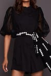 Deepika Arora_Black Cotton Printed Geometric Mandarin Collar Puff Sleeve Playsuit With Belt _Online_at_Aza_Fashions