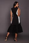 Shop_Deepika Arora_Black Ponte Roma Striped High Neck Cutout Ruffle Hem Dress _at_Aza_Fashions