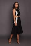 Deepika Arora_Black Ponte Roma Striped High Neck Cutout Ruffle Hem Dress _Online_at_Aza_Fashions