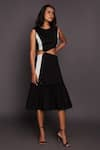 Buy_Deepika Arora_Black Ponte Roma Striped High Neck Cutout Ruffle Hem Dress _Online_at_Aza_Fashions