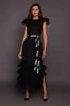 Buy_Deepika Arora_Black Ponte Roma Plain Ruffle High Neck Back Open Dress With Belt _at_Aza_Fashions