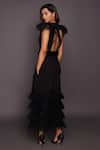 Shop_Deepika Arora_Black Ponte Roma Plain Ruffle High Neck Back Open Dress With Belt _at_Aza_Fashions