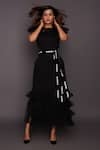 Deepika Arora_Black Ponte Roma Plain Ruffle High Neck Back Open Dress With Belt _Online_at_Aza_Fashions