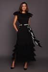 Shop_Deepika Arora_Black Ponte Roma Plain Ruffle High Neck Back Open Dress With Belt _Online_at_Aza_Fashions