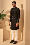 Shop_Dhruv Vaish_Black Terry Wool Panelled Sherwani And Pant Set _at_Aza_Fashions