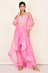 Buy_Khwaab By Sanjana Lakhani_Pink Silk Embroidered Floral Jacket V Neck Bead And Pant Set _at_Aza_Fashions