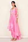 Khwaab By Sanjana Lakhani_Pink Silk Embroidered Floral Jacket V Neck Bead And Pant Set _Online_at_Aza_Fashions