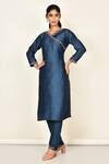 Buy_Khwaab By Sanjana Lakhani_Blue Bamber Silk Embroidered Floral Motifs V Neck Kurta Set _at_Aza_Fashions