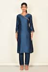 Buy_Khwaab By Sanjana Lakhani_Blue Bamber Silk Embroidered Floral Motifs V Neck Kurta Set _Online_at_Aza_Fashions
