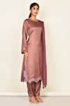 Khwaab By Sanjana Lakhani_Brown Satin Silk Embroidered Floral Motifs Round Kurta Set _Online_at_Aza_Fashions