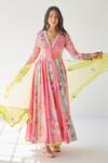 Buy_Rajiramniq_Pink Crepe And Organza Print & Embroidery Floral V Neck Anarkali Palazzo Set _at_Aza_Fashions