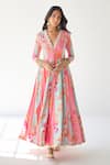 Shop_Rajiramniq_Pink Crepe And Organza Print & Embroidery Floral V Neck Anarkali Palazzo Set _Online_at_Aza_Fashions