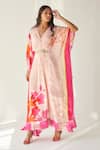Buy_Rajiramniq_Pink Crepe Floral, Pearl, Sequin And Cutdana, Beads V Neck Print Kaftan _at_Aza_Fashions