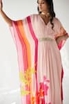 Rajiramniq_Pink Crepe Floral, Pearl, Sequin And Cutdana, Beads V Neck Print Kaftan _at_Aza_Fashions