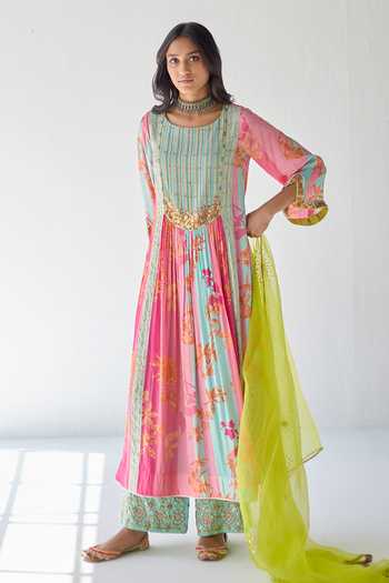 Buy_Rajiramniq_Pink Crepe, Modal Satin And Organza Floral, Pearl, Sequin Print Kurta Palazzo Set _at_Aza_Fashions
