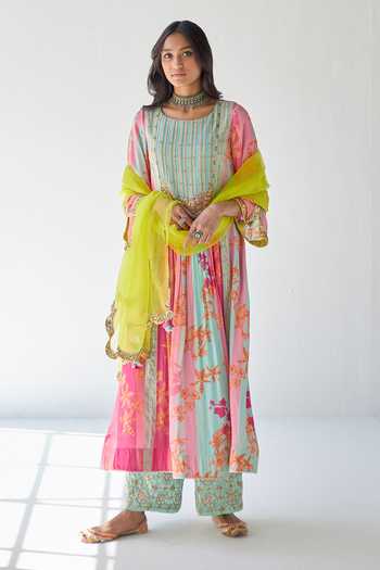 Shop_Rajiramniq_Pink Crepe, Modal Satin And Organza Floral, Pearl, Sequin Print Kurta Palazzo Set _at_Aza_Fashions