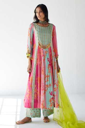 Rajiramniq_Pink Crepe, Modal Satin And Organza Floral, Pearl, Sequin Print Kurta Palazzo Set _Online_at_Aza_Fashions