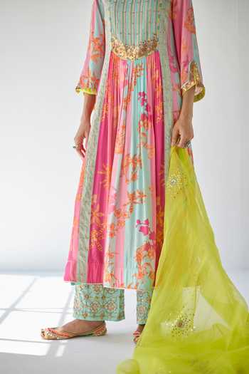 Shop_Rajiramniq_Pink Crepe, Modal Satin And Organza Floral, Pearl, Sequin Print Kurta Palazzo Set _Online_at_Aza_Fashions