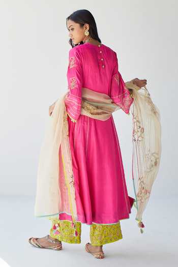 Shop_Rajiramniq_Pink Silk, Modal Satin And Organza Cutdana, Sequin, Thread & Kurta Palazzo Set _at_Aza_Fashions