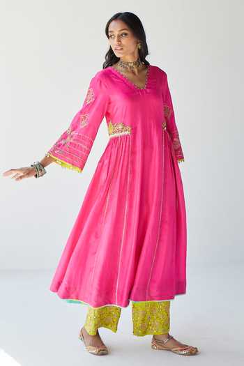 Rajiramniq_Pink Silk, Modal Satin And Organza Cutdana, Sequin, Thread & Kurta Palazzo Set _Online_at_Aza_Fashions