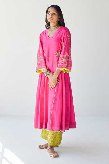 Buy_Rajiramniq_Pink Silk, Modal Satin And Organza Cutdana, Sequin, Thread & Kurta Palazzo Set _Online_at_Aza_Fashions