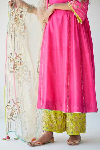 Shop_Rajiramniq_Pink Silk, Modal Satin And Organza Cutdana, Sequin, Thread & Kurta Palazzo Set _Online_at_Aza_Fashions